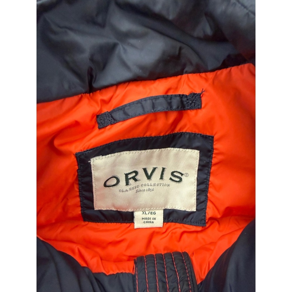 Orvis Puffer Vest Mens XL Navy Blue Orange Lining Down Filled Quilted Full Zip - Picture 2 of 12